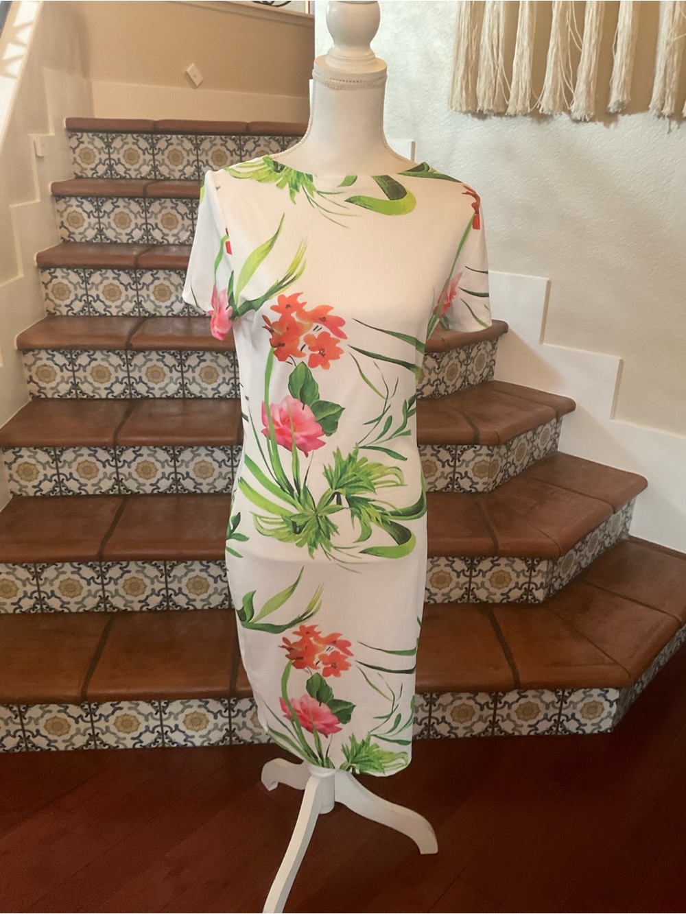 Floral Sheath Dress in White with a Tropical Print